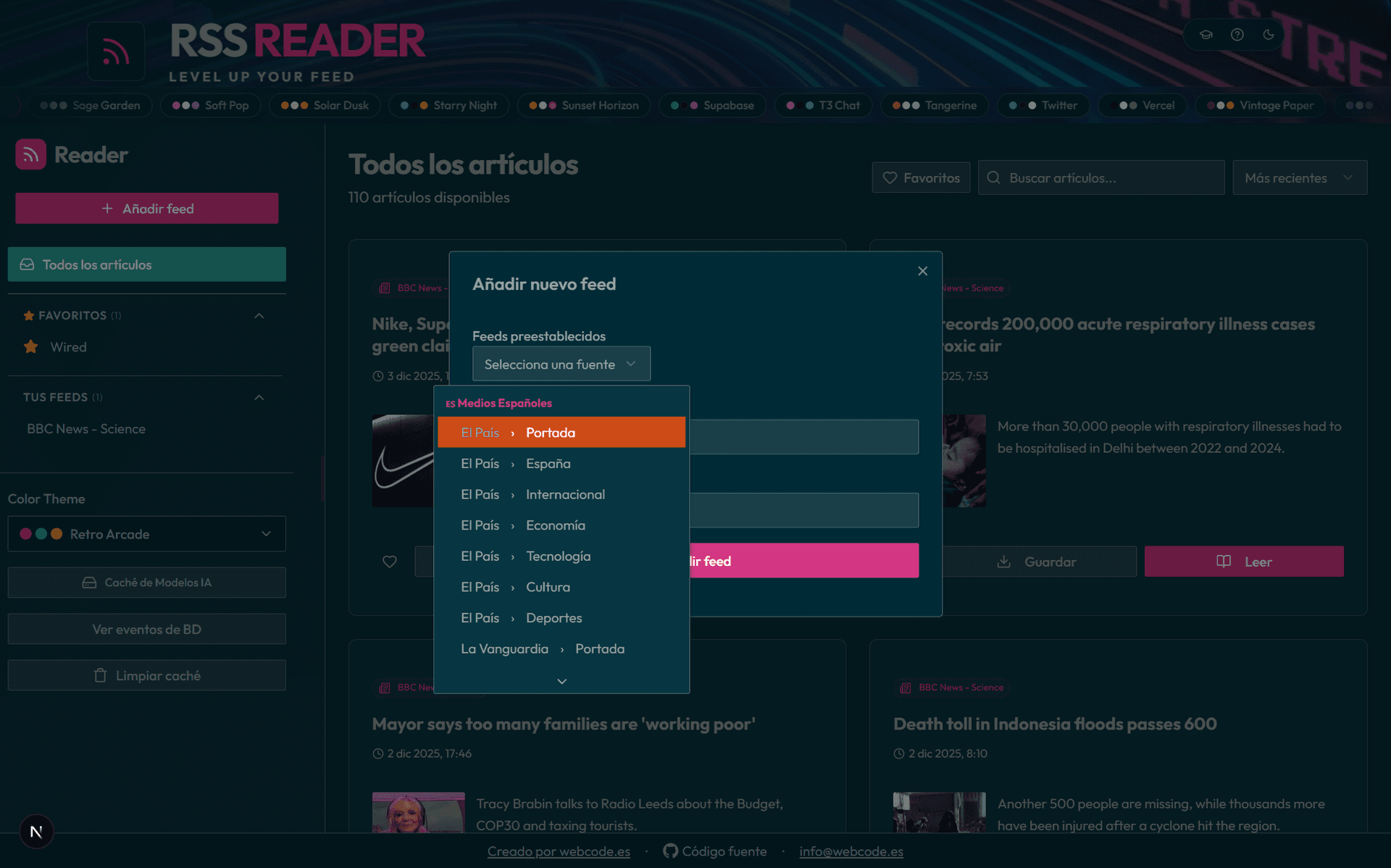 Lista de feeds predefinidos disponibles